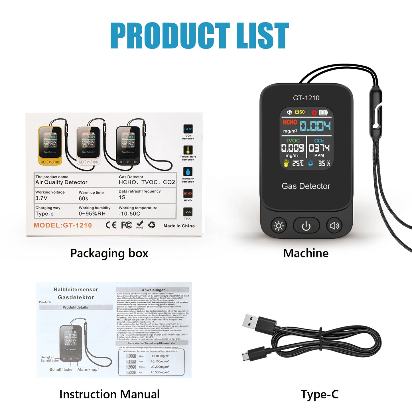 Latest 5-in-1 CO2 Detector Carbon Dioxide TVOC HCHO Tester Temperature Humidity Meter Rechargeable Air Quality Monitor Detector