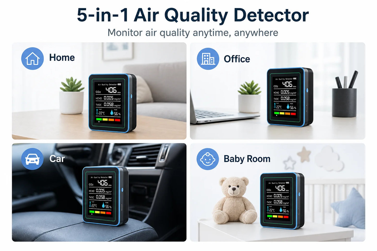 NEW HOT Multifunctional CO2 Meter 5 in 1 Digital Temperature and Humidity Tester Carbon Dioxide Detector TVOC HCHO